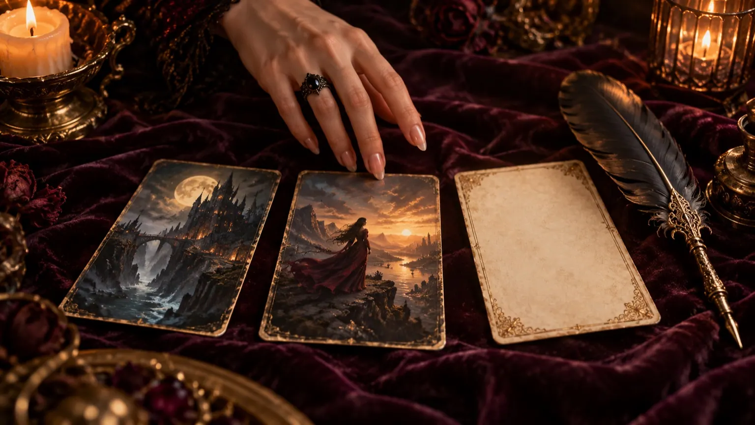A hand with a black ring over story cards; one card is blank, a quill beside it