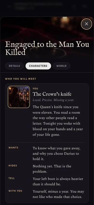 Character card: what you want, what you hide, who is with you
