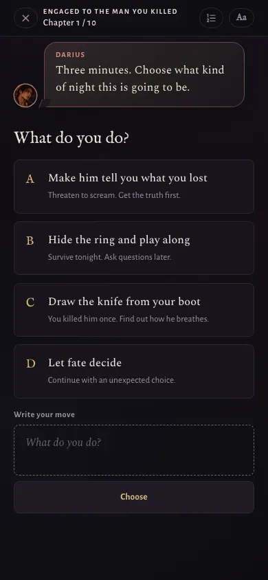 Choice screen: three options, let fate decide, and a box to write your move