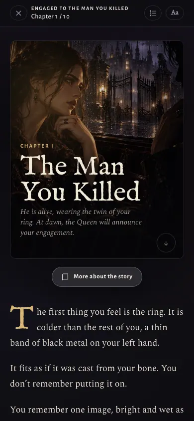 Chapter I opening screen with cover art and the first paragraph